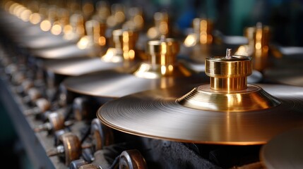 A row of gold and silver cymbals are on a conveyor belt