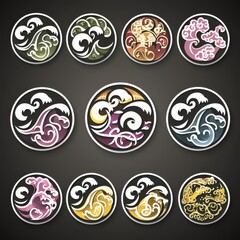 A vibrant collection of decorative wave motifs, showcasing intricate designs in various colors and patterns.