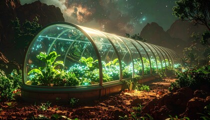 A futuristic greenhouse on Mars glowing with bioluminescent plants, viewed through a transparent d