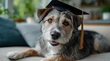 Adorable dog wearing graduation cap relaxing indoors