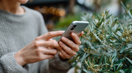 Young caucasian female using smartphone outdoors near greenery