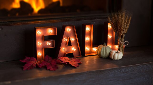 Rustic Fall Marquee Letters on a Fireplace Mantel with Pumpkins and Wheat - Powered by Adobe
