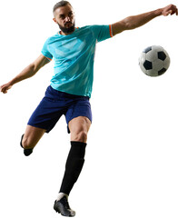 Focused soccer player hitting ball in mid air with strength and emotion on transparent background....