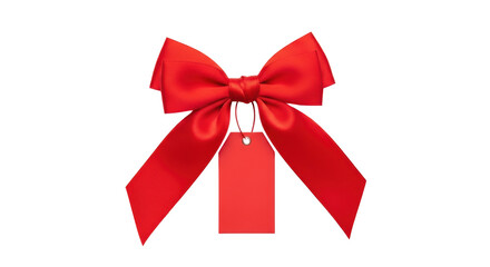 Isolated festive bright red bow with gift tag for Christmas present or decoration use