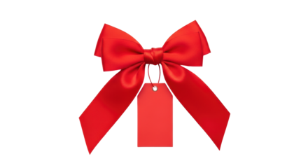 Isolated festive bright red bow with gift tag for Christmas present or decoration use
