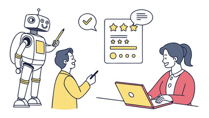 Friendly robot assisting a business team with a customer feedback review promoting collaboration efficiency and technological advancement