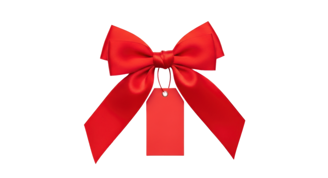 Isolated festive bright red bow with gift tag for Christmas present or decoration use