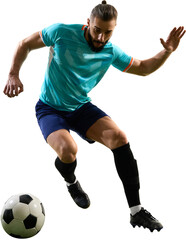 Focused soccer player dribbling ball with determination and agility on transparent background. Concept of sport, skill, competition, fitness, teamwork and emotional athletic discipline. © Lustre Art Group 