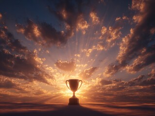 Golden Trophy Silhouette Against Dramatic Sunset Sky - Symbol of Achievement and Success.