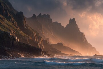 Majestic cliffs rise dramatically above the ocean at sunset, creating a breathtaking coastal view