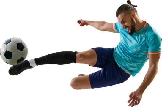 Aggressive soccer player striking ball in sliding motion with power on transparent background. Concept of determination, strength, passion, competition, sports energy and athletic emotion.