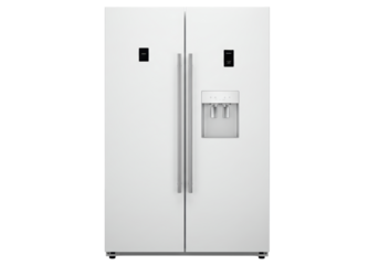 Isolated side-by-side refrigerator with water dispenser in a bright kitchen setting, appliance