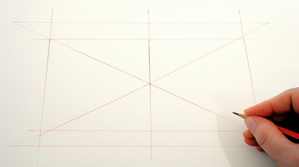 A hand drawing guidelines on a blank canvas with a red pencil, focused on symmetry and composition.
