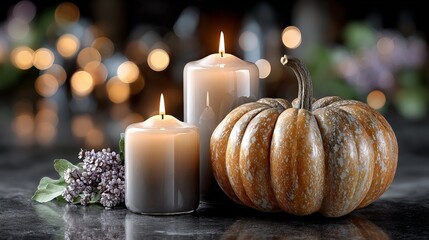 Autumn pumpkin and candle arrangement with purple flowers on reflective surface