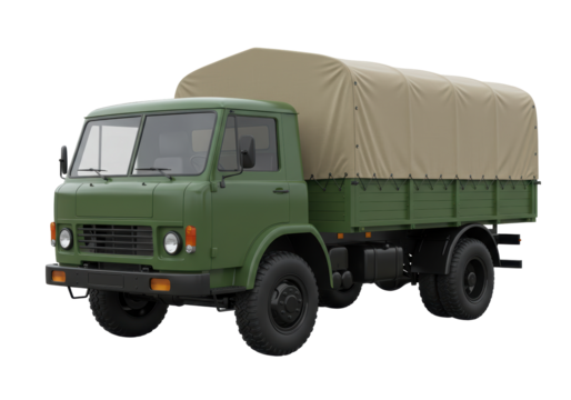 Isolated green military cargo truck with a khaki-colored tarpaulin, automotive vehicle