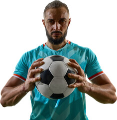 Soccer player holding ball with serious expression and strong focus on transparent background. Concept of leadership, discipline, emotion, determination, teamwork and athletic responsibility. © Lustre Art Group 
