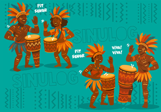 Sinulog Festival Illustration with Dancing Figures and Drums