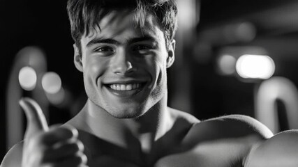 Young, fit male athlete in gym. Smiling face showing confidence and positive attitude towards workout routine.