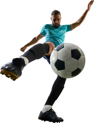 Naklejka premium Soccer player striking ball in mid air with strength and concentration on transparent background. Concept of discipline, motion, teamwork, determination, athletic power and emotional energy.