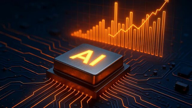 Glowing AI Logo on Microprocessor with Rising Graph Showcases Innovation in Electronics and Data Technology for Future Advancements