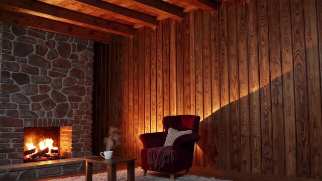 Cozy fireside evening ambiance with flickering flames in rustic cabin setting