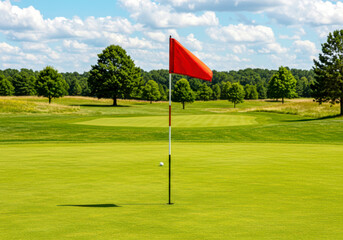 Obraz premium Summer Outdoor Golf Tournament with Red Flag on Fresh Turf. National Golf Day