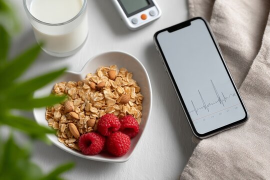 Heart-healthy breakfast with oats, berries, milk, and smartphone health monitoring