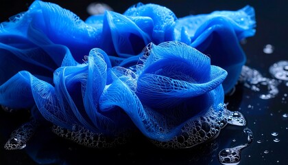 Close-up of a vibrant blue sponge in soapy water
