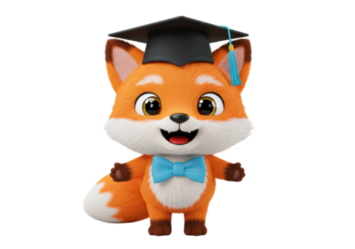 Isolated cartoon fox student, orange fur, graduation cap, wearing bow tie, paws out, happy