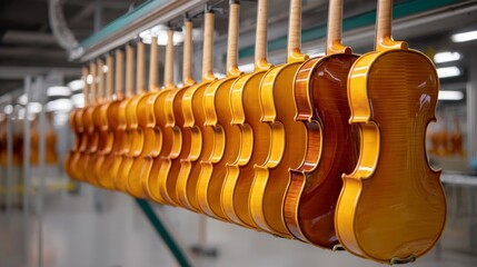 A row of violins hanging from a rack