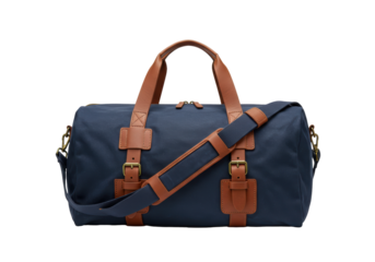 Isolated duffel bag with brown leather trim, travel accessory for casual weekend getaway