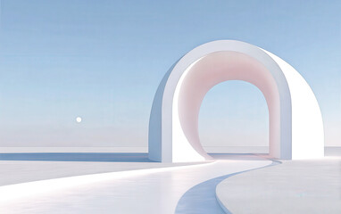 Minimalistic white archway with smooth curves in a serene landscape