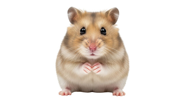 Isolated hamster standing with paws folded, golden brown color, looking at the camera