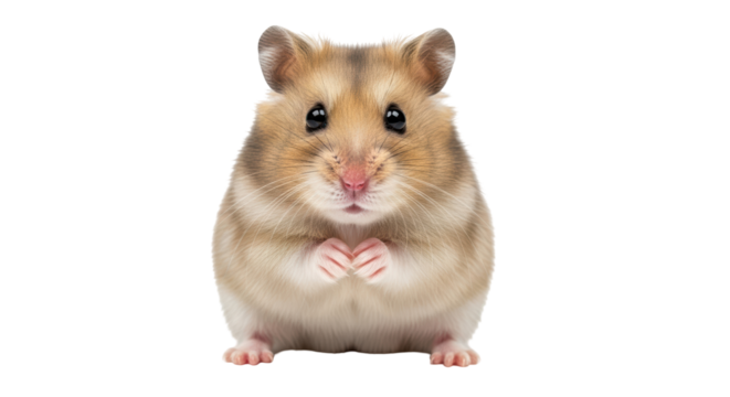 Isolated hamster standing with paws folded, golden brown color, looking at the camera