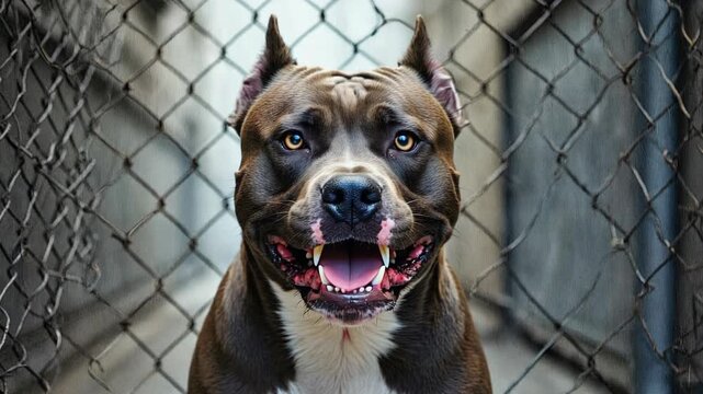 A pit bull behind a chain-link fence, looking fierce and showing its teeth.