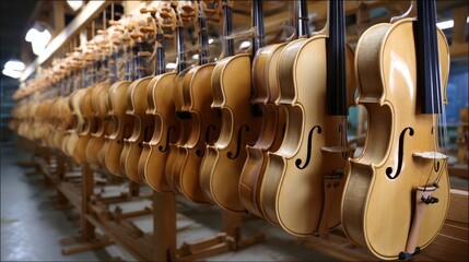 A row of violins are hanging on a rack