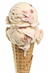 Delicious scoop of creamy ice cream with raspberry swirls and nuts, melting slightly in a crisp waffle cone.