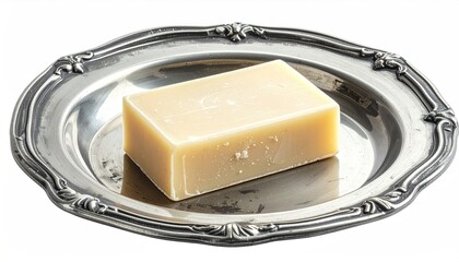 Pale rectangular soap bar rests on ornate silver dish