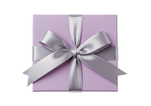 Isolated gift box in pastel purple with satin ribbon and bow, top-down perspective, surprise