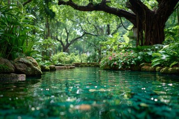 Obraz premium Tranquil garden with clear water and lush greenery in serene nature setting