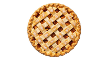 Isolated round apple pie with lattice crust and crimped edge is ready to eat dessert