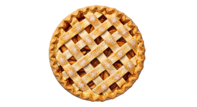 Isolated round apple pie with lattice crust and crimped edge is ready to eat dessert