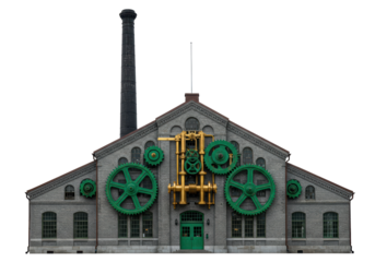 Isolated Old-Fashioned Factory Building with Green Gears and Brass Machinery Facade