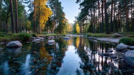 Obraz premium Cinematic Autumn Forest Landscape with Reflective River and Sunlight Through Trees in Nature Scenery