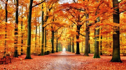 Walking Path Through a Deciduous Forest in Vivid Autumn Colors, Sun Flare at the End of the Trail