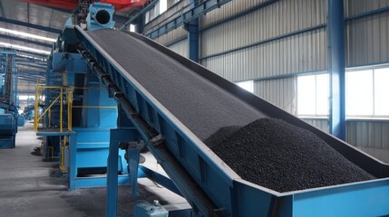 A conveyor belt is filled with black rocks