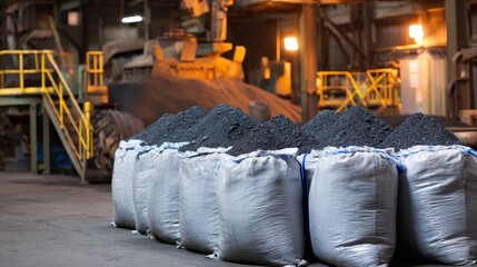 A pile of bags of coal are stacked in a warehouse