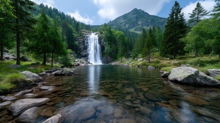 Cascading Waterfall Flowing into Clear Stream Surrounded by Lush Green Trees and Rocky Mountain Landscape Under Sunny Sky