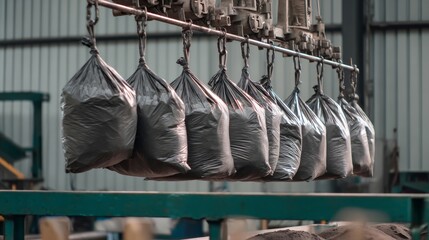 A conveyor belt with bags of garbage hanging from it
