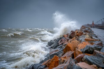 Waves crash against rocky shore under cloudy sky at lighthouse near the coast